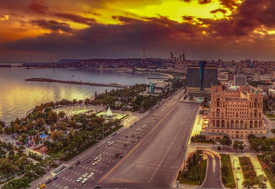 baku, azerbaijan, panorama, sunset, sea, nature, caspian, town, city, cityscape, sky, architecture, travel, east, antique, old, wall, classic, exterior, building, style, oriental, famous, tourism, tower, people