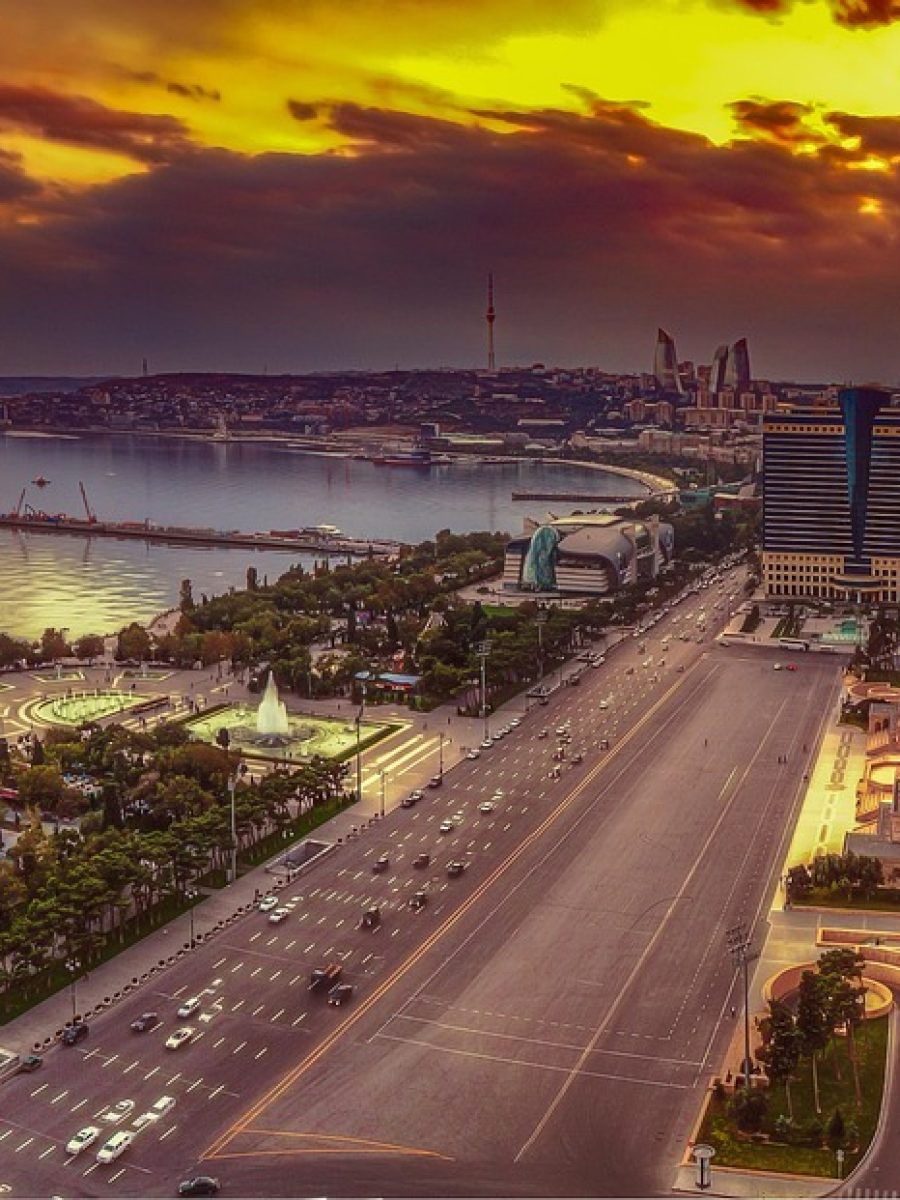 baku, azerbaijan, panorama, sunset, sea, nature, caspian, town, city, cityscape, sky, architecture, travel, east, antique, old, wall, classic, exterior, building, style, oriental, famous, tourism, tower, people